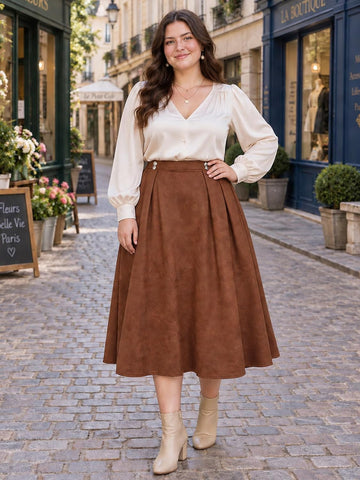 Moon Wood Women's Plus Size Suede Pleated Maxi Skirt with Pockets - Brown