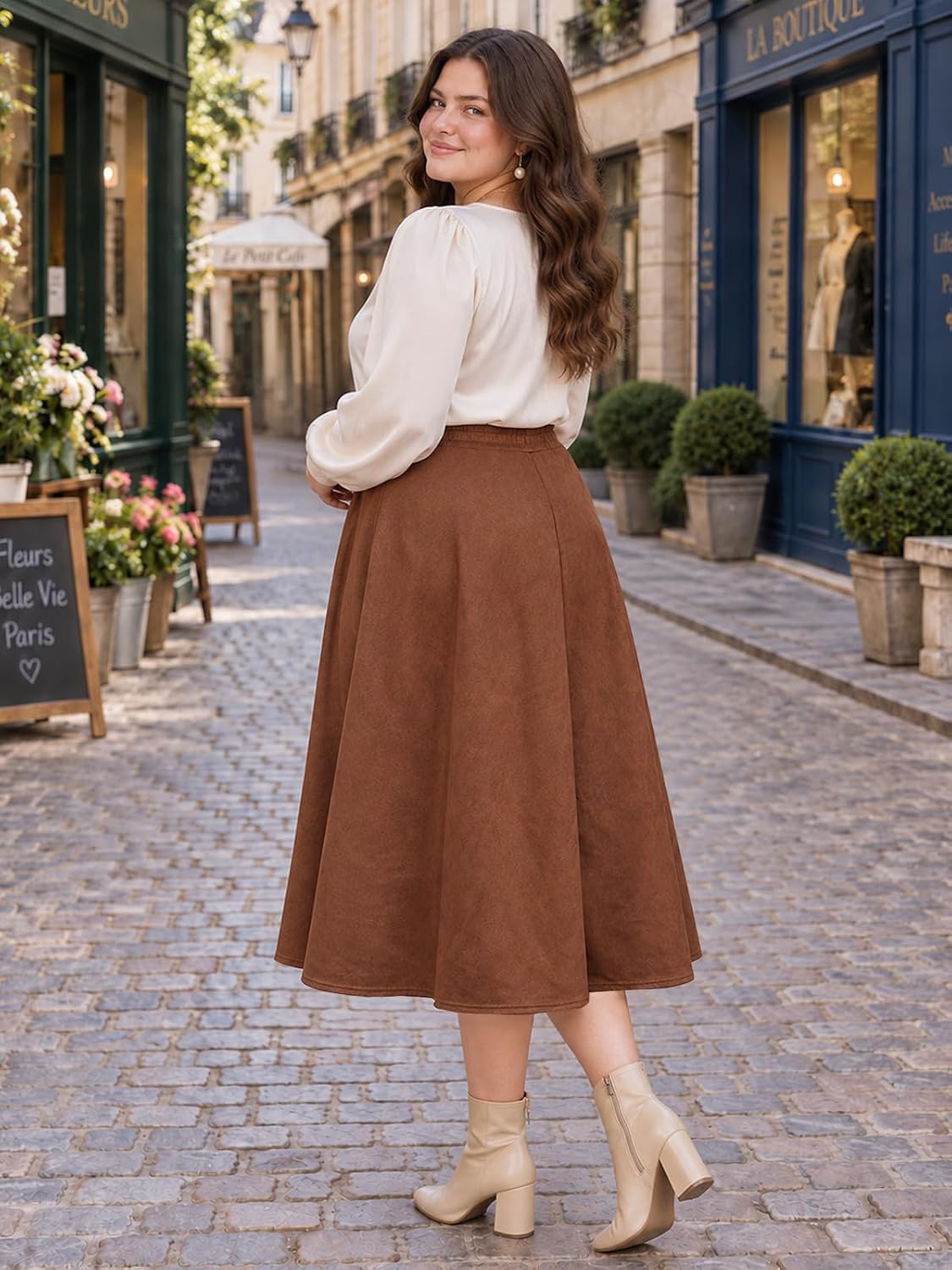 Moon Wood Women's Plus Size Suede Pleated Maxi Skirt with Pockets - Brown