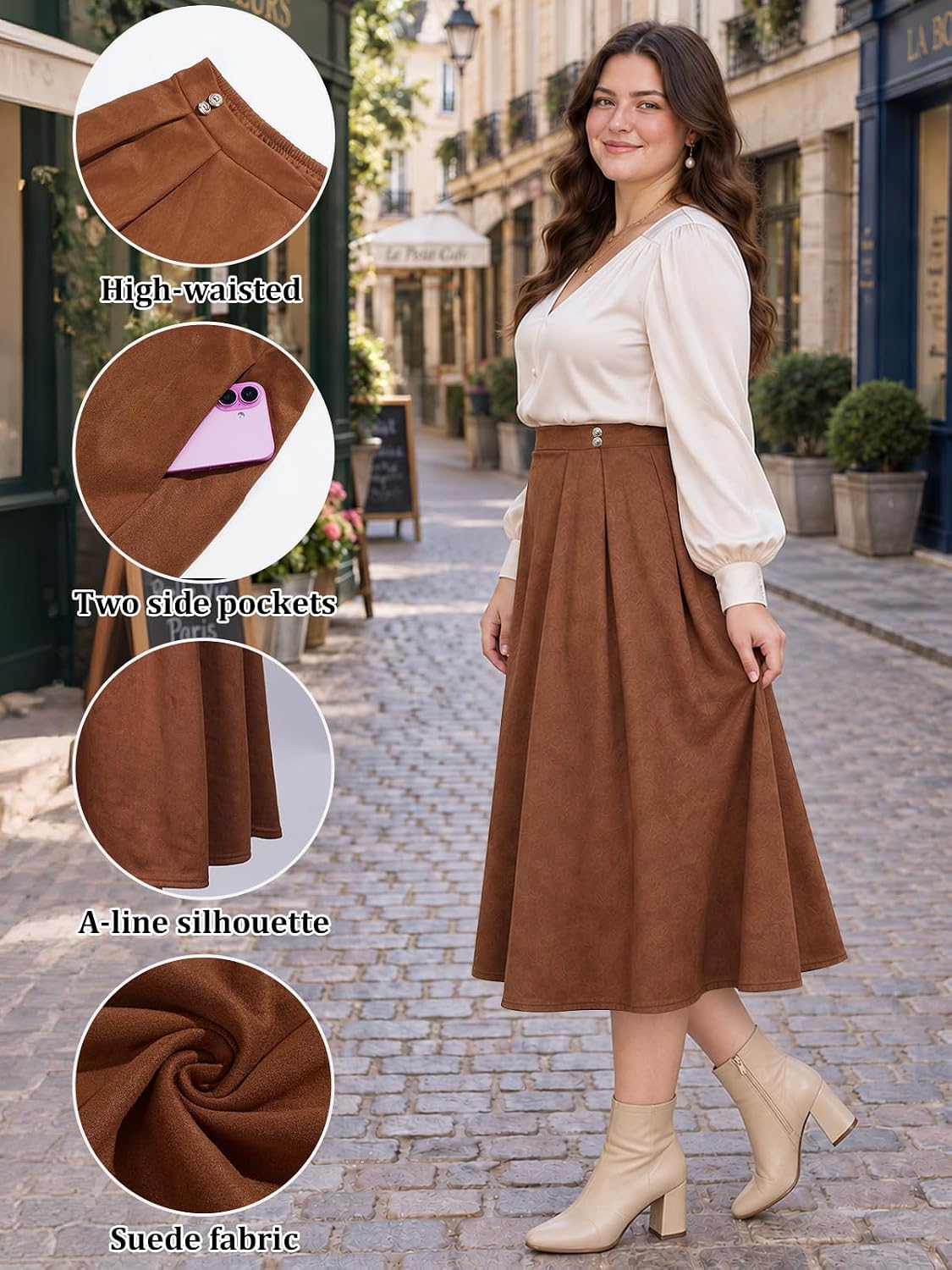 Moon Wood Women's Plus Size Suede Pleated Maxi Skirt with Pockets - Brown