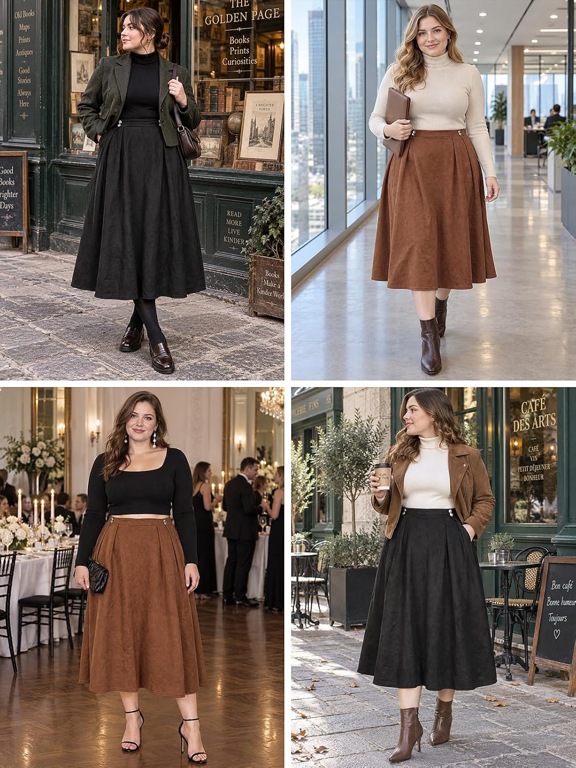 Moon Wood Women's Plus Size Suede Pleated Maxi Skirt with Pockets - Brown