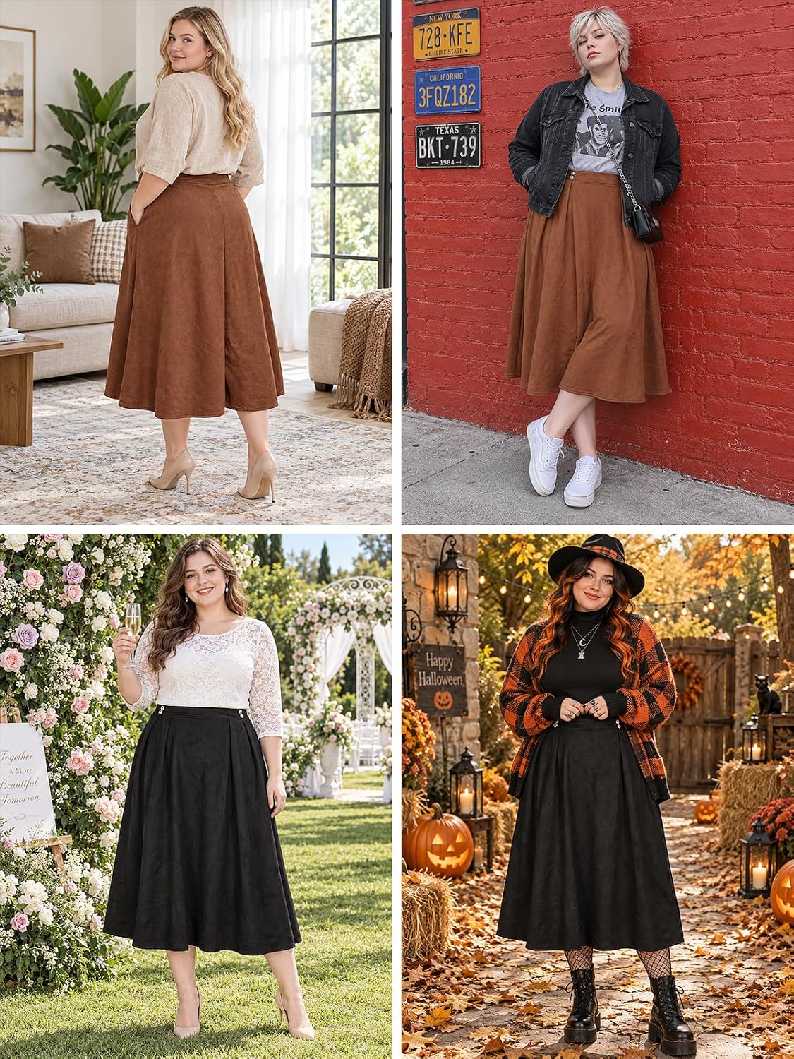 Moon Wood Women's Plus Size Suede Pleated Maxi Skirt with Pockets - Brown