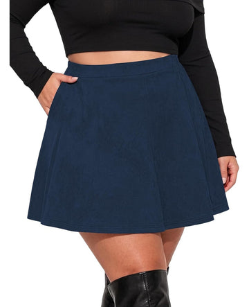 Moon Wood Women's Plus Size Suede Skirt Fall Winter Mini Skirt with Shorts - Navy Blue