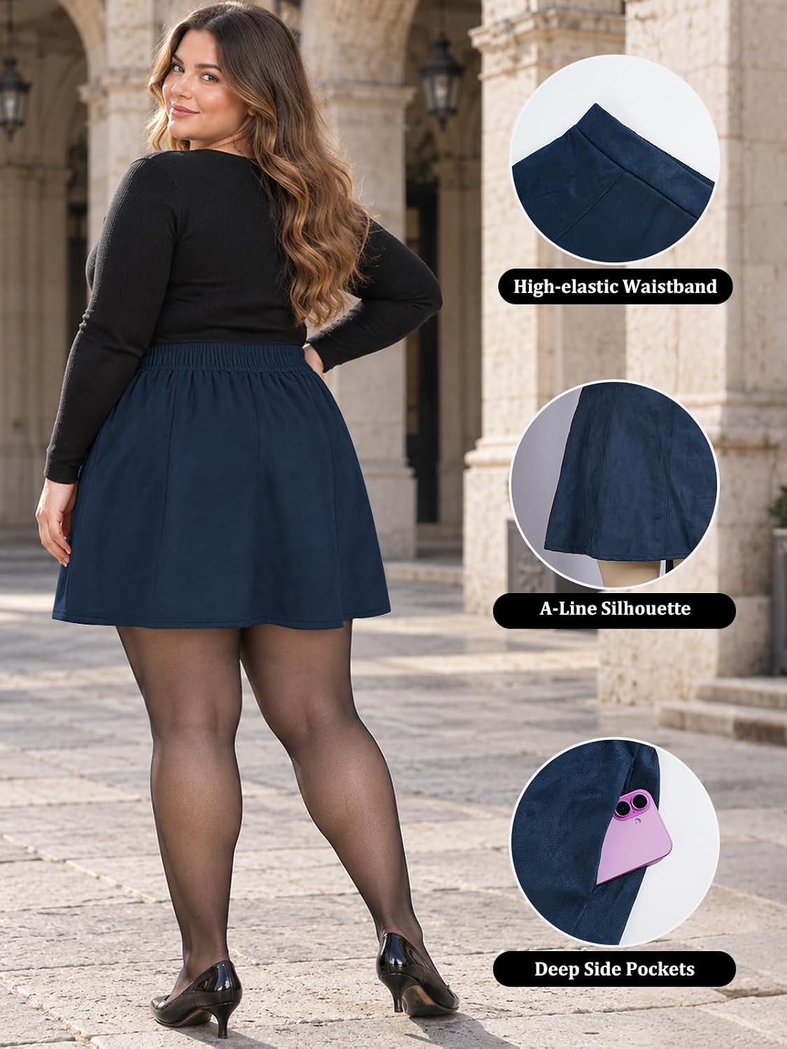 Moon Wood Women's Plus Size Suede Skirt Fall Winter Mini Skirt with Shorts - Navy Blue