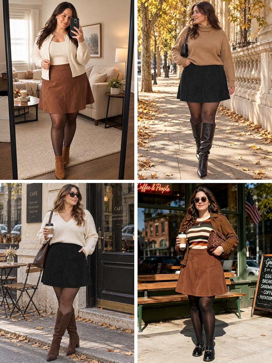 Moon Wood Women's Plus Size Suede Skirt Fall Winter Mini Skirt with Shorts - Navy Blue