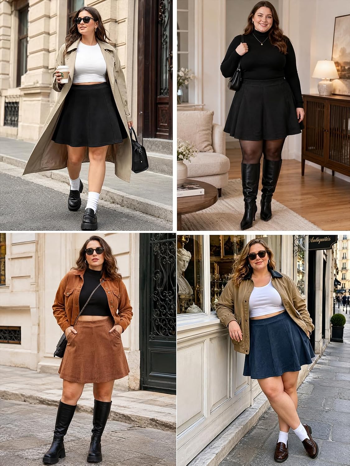 Moon Wood Women's Plus Size Suede Skirt Fall Winter Mini Skirt with Shorts - Navy Blue