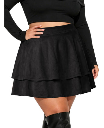 Moon Wood Women's Plus Size Suede Skirt Ruffle Mini Skirts with Pockets - Black