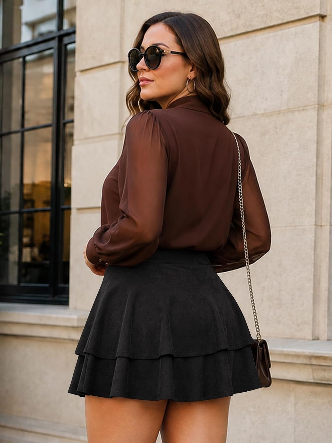 Moon Wood Women's Plus Size Suede Skirt Ruffle Mini Skirts with Pockets - Black