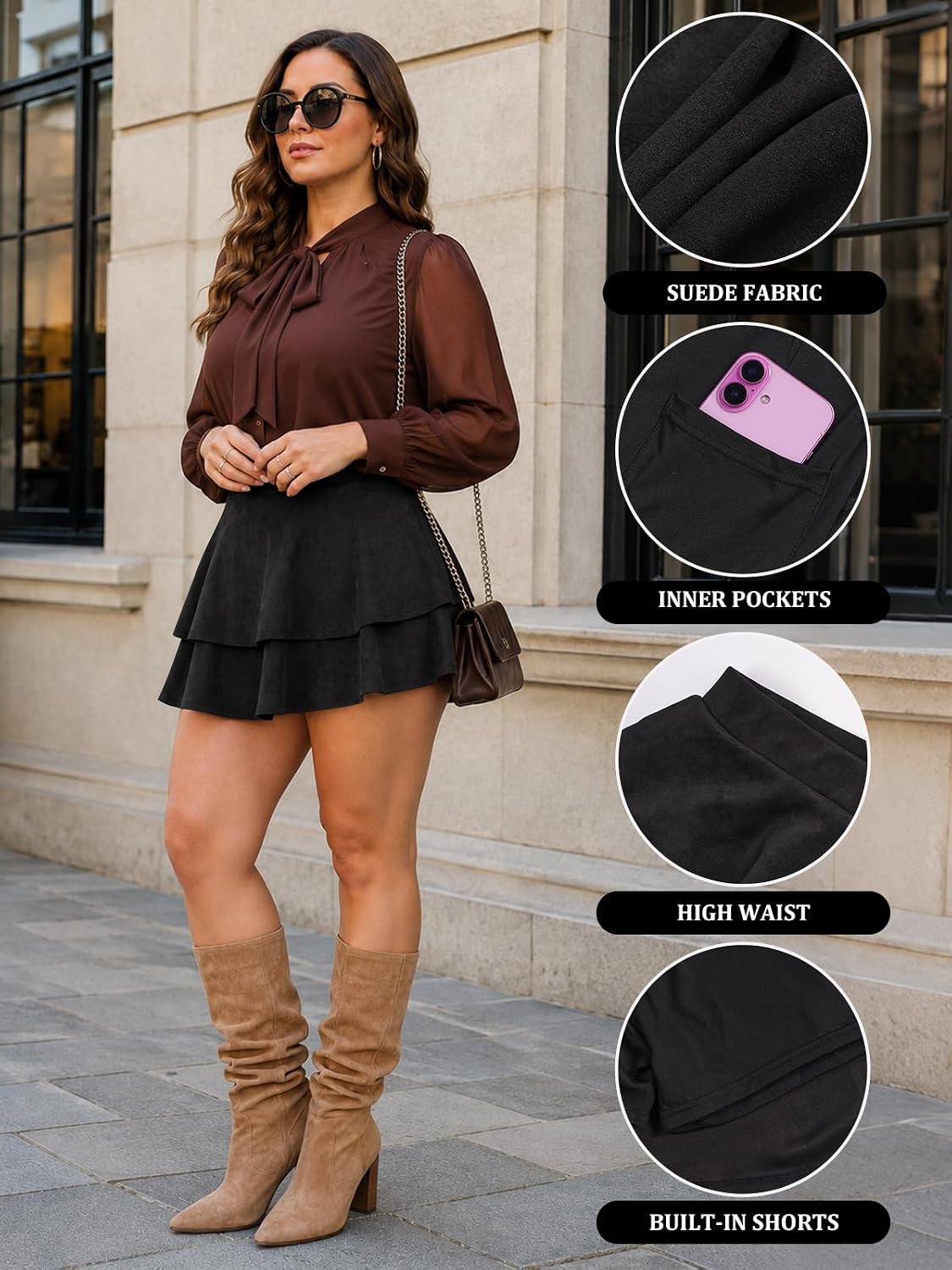 Moon Wood Women's Plus Size Suede Skirt Ruffle Mini Skirts with Pockets - Black