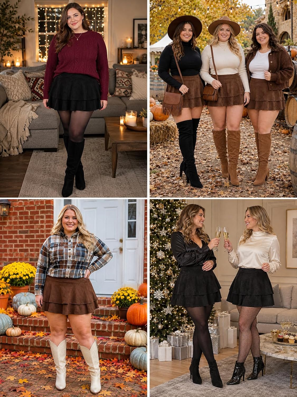 Moon Wood Women's Plus Size Suede Skirt Ruffle Mini Skirts with Pockets - Black