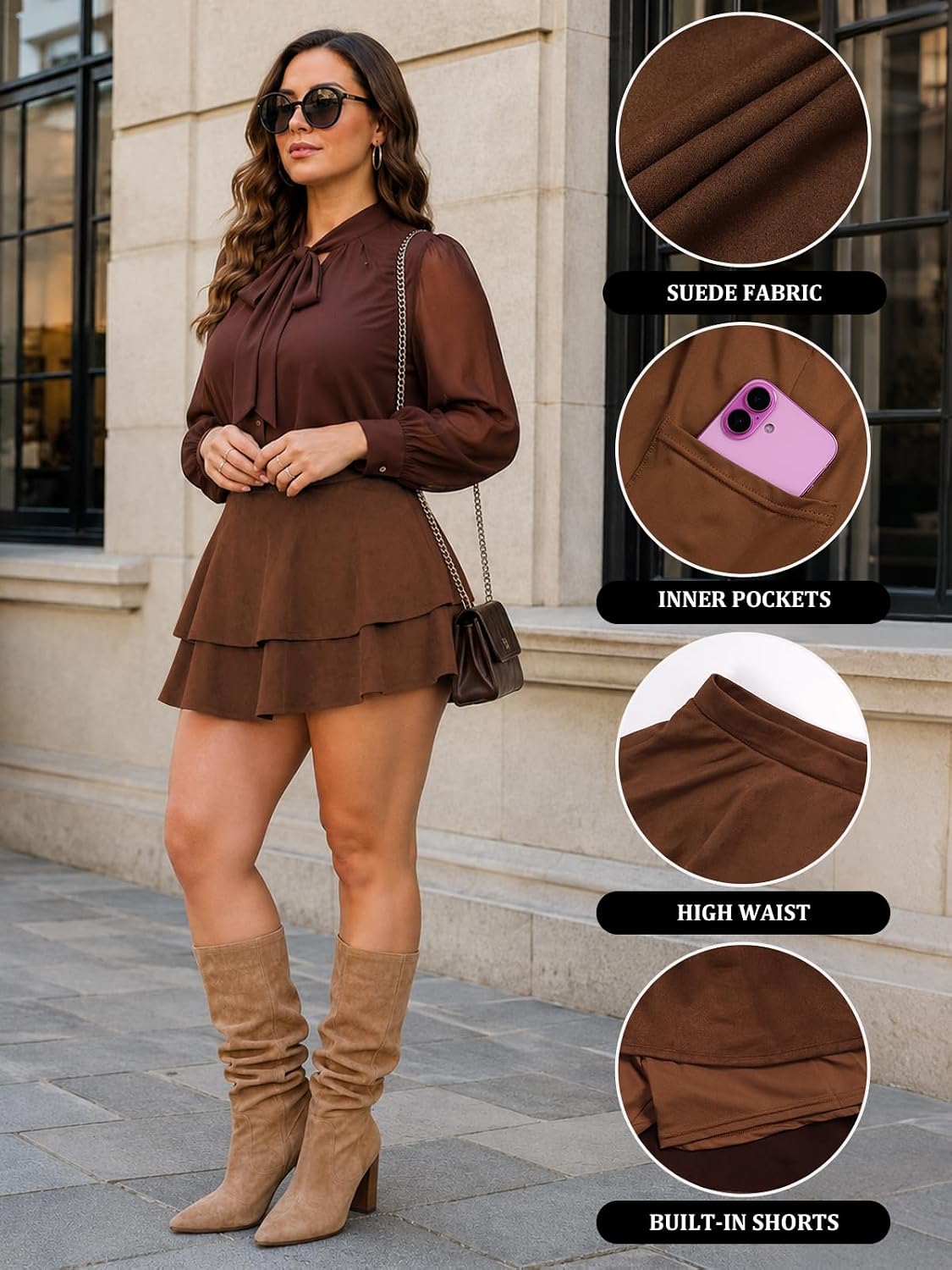 Moon Wood Women's Plus Size Suede Skirt Ruffle Mini Skirts with Pockets - Brown