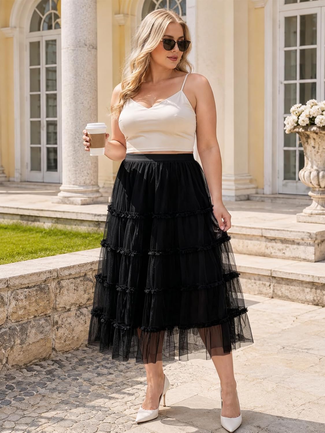 Moon Wood Women's Plus Size Tulle Maxi Skirt A Line Layered Fairy Skirt - Black