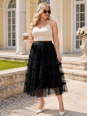 Moon Wood Women's Plus Size Tulle Maxi Skirt A Line Layered Fairy Skirt - Black