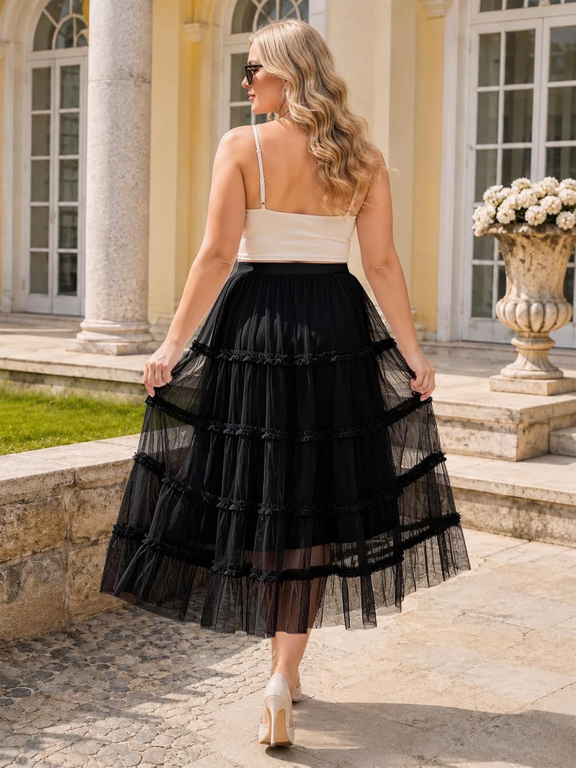 Moon Wood Women's Plus Size Tulle Maxi Skirt A Line Layered Fairy Skirt - Black