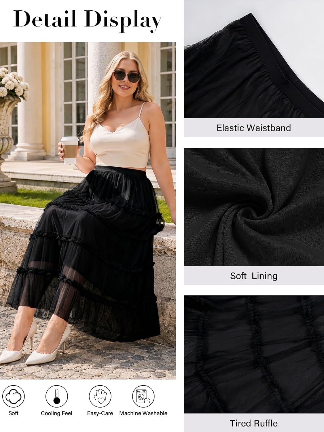 Moon Wood Women's Plus Size Tulle Maxi Skirt A Line Layered Fairy Skirt - Black
