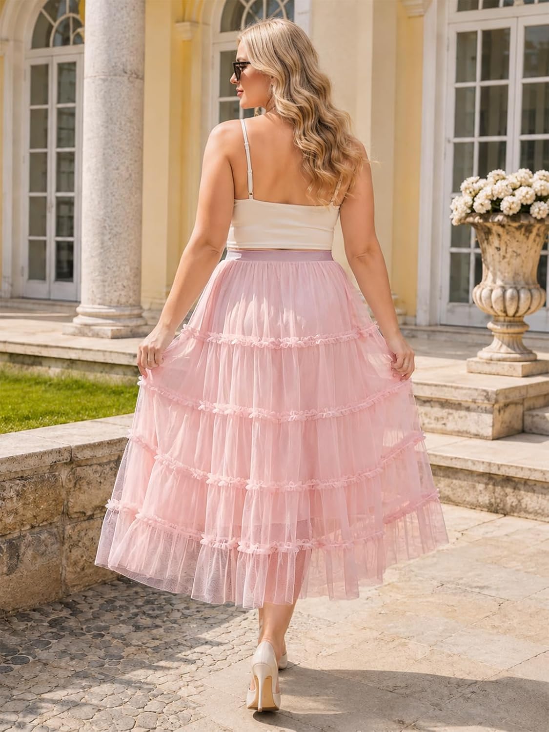 Moon Wood Women's Plus Size Tulle Maxi Skirt A Line Layered Fairy Skirt - Pink