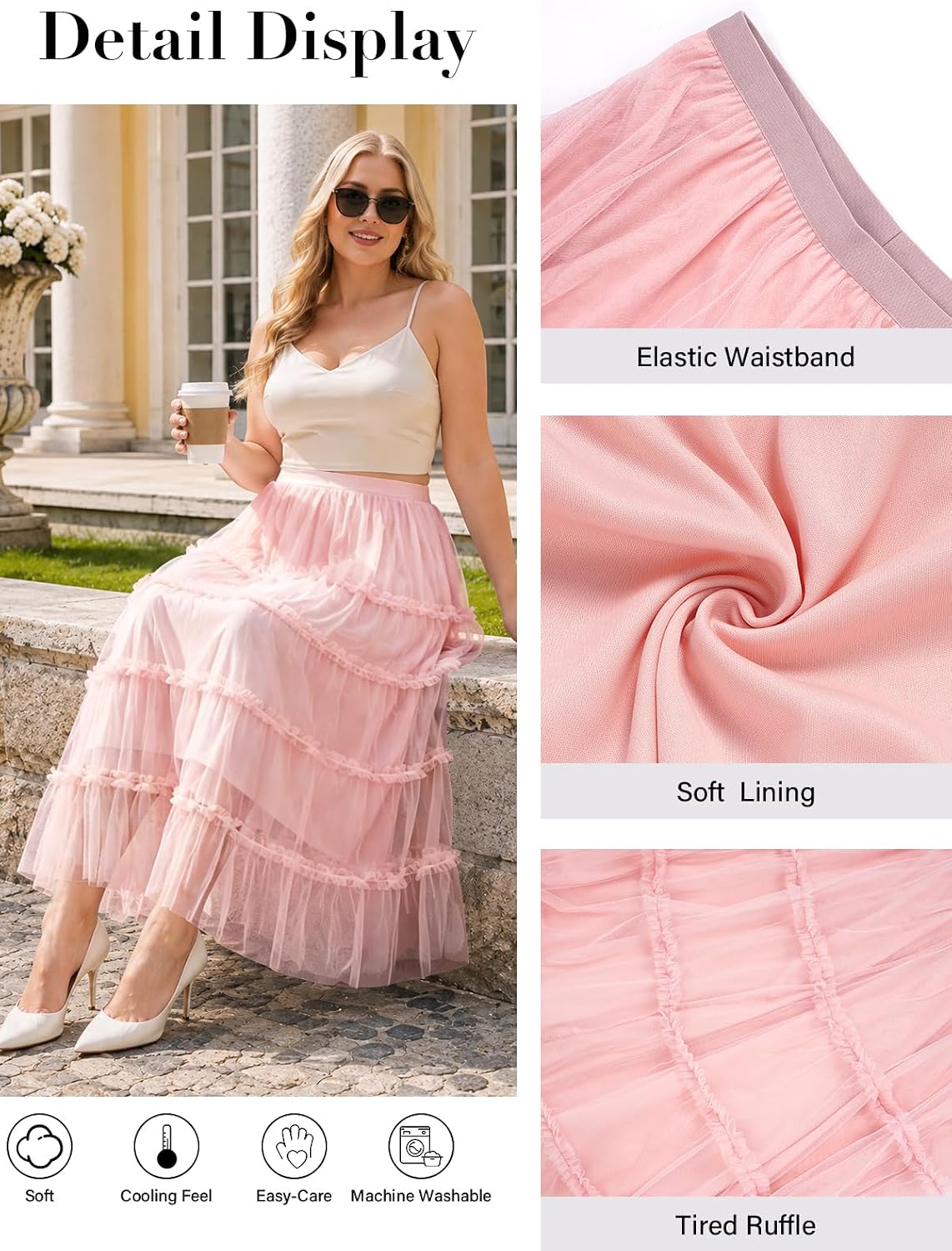 Moon Wood Women's Plus Size Tulle Maxi Skirt A Line Layered Fairy Skirt - Pink