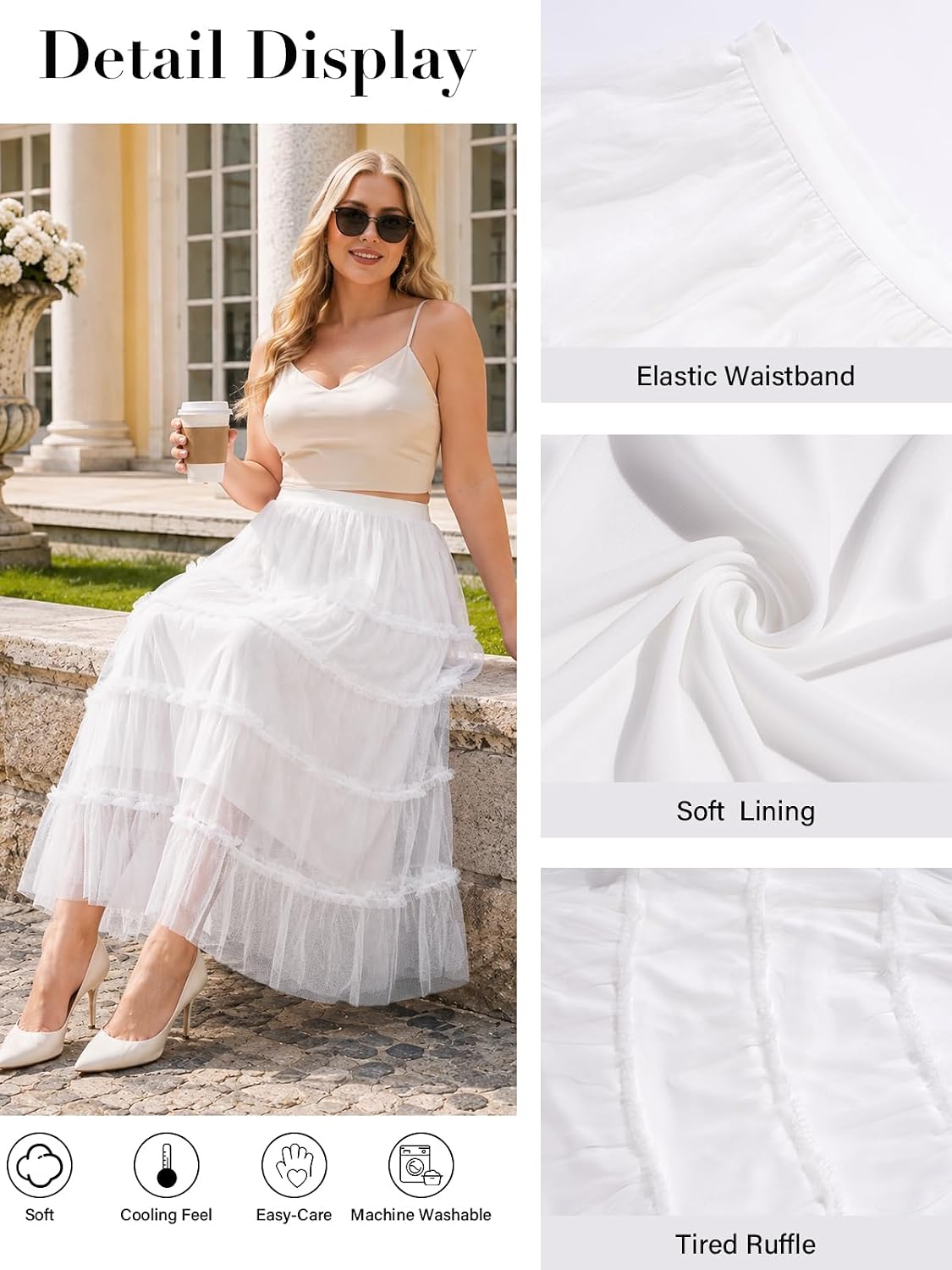 Moon Wood Women's Plus Size Tulle Maxi Skirt A Line Layered Fairy Skirt - White