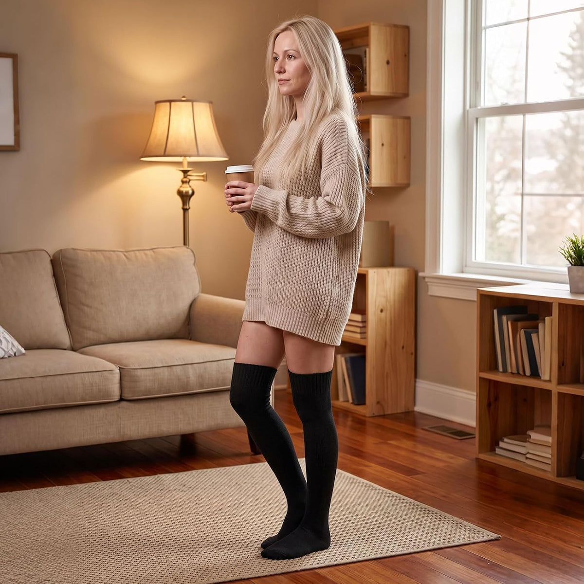 Moon Wood Women Thigh High Socks Thick Extra Long Over The Knee Stockings Leg Warmer - Black