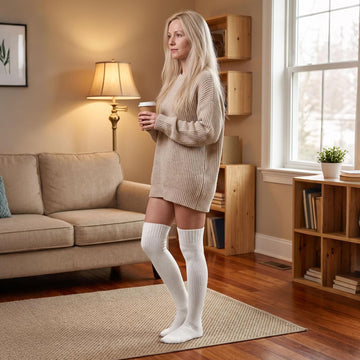 Moon Wood Women Thigh High Socks Thick Extra Long Over The Knee Stockings Leg Warmer - White