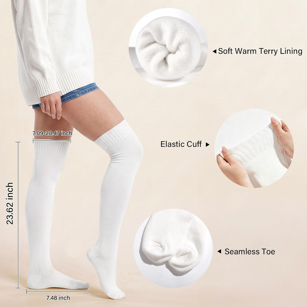 Moon Wood Women Thigh High Socks Thick Extra Long Over The Knee Stockings Leg Warmer - White