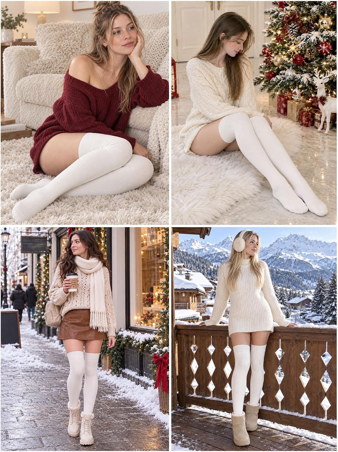 Moon Wood Women Thigh High Socks Thick Extra Long Over The Knee Stockings Leg Warmer - White
