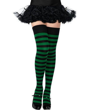 Moon Wood Womens Extra Long Cotton Knit Striped Thigh High Socks Over the Knee - Black & Green - view 1