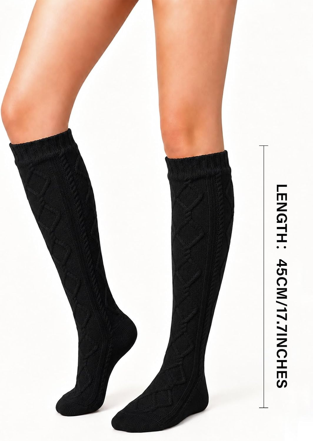 Moon Wood Womens Fleece Lined Knee High Socks Cable Knit Long Boot Socks Leg Warmers - Black