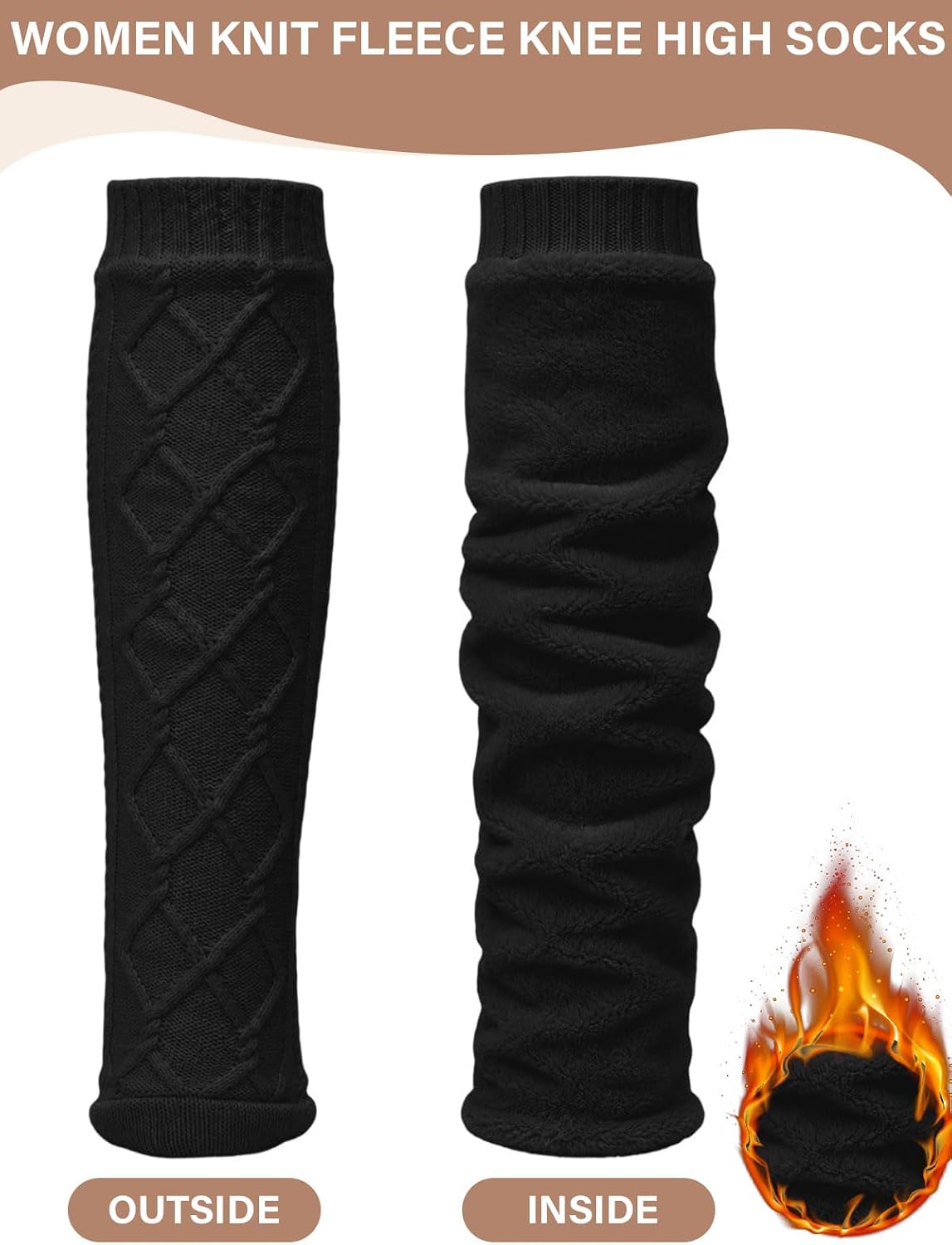 Moon Wood Womens Fleece Lined Knee High Socks Cable Knit Long Boot Socks Leg Warmers - Black