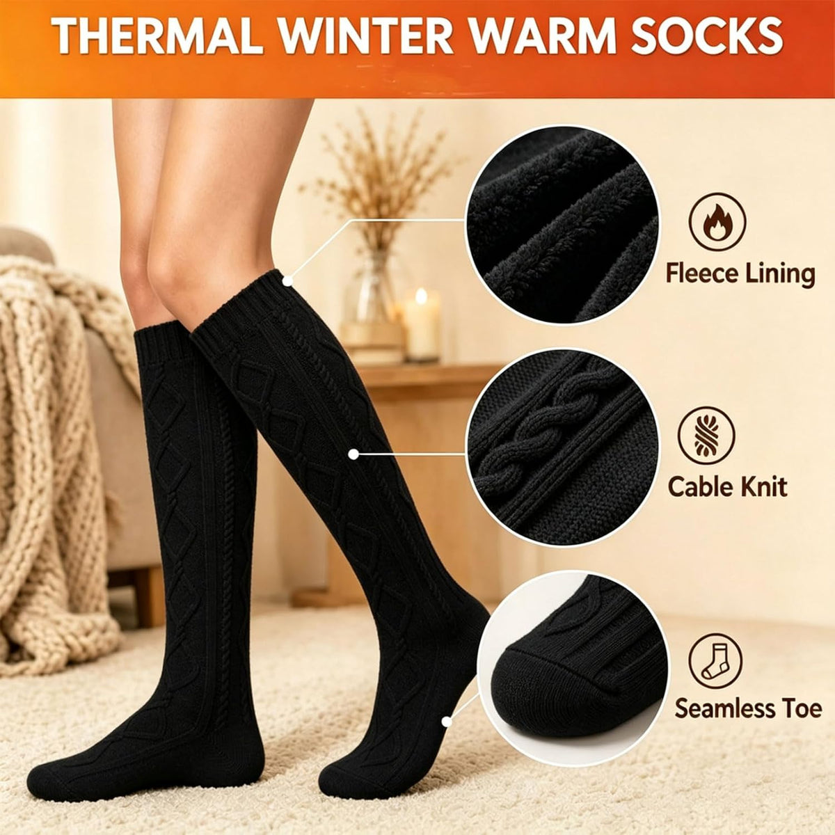 Moon Wood Womens Fleece Lined Knee High Socks Cable Knit Long Boot Socks Leg Warmers - Black