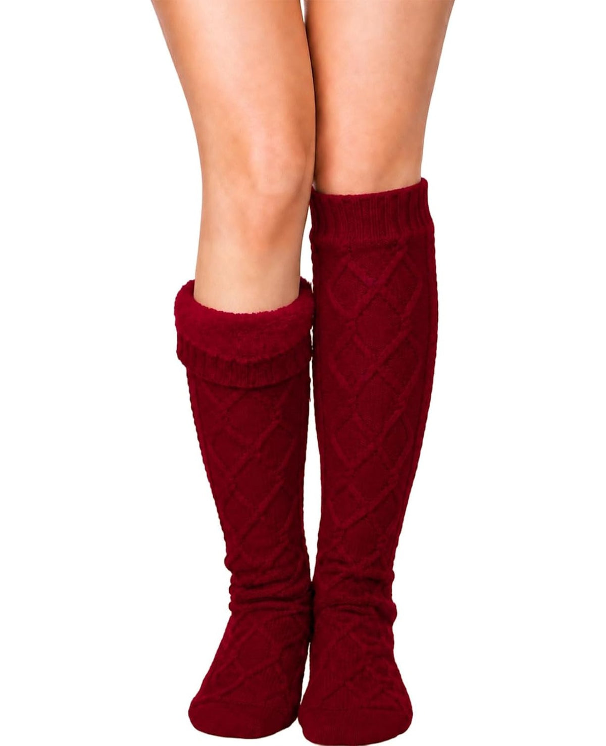 Moon Wood Womens Fleece Lined Knee High Socks Cable Knit Long Boot Socks Leg Warmers - Burgundy