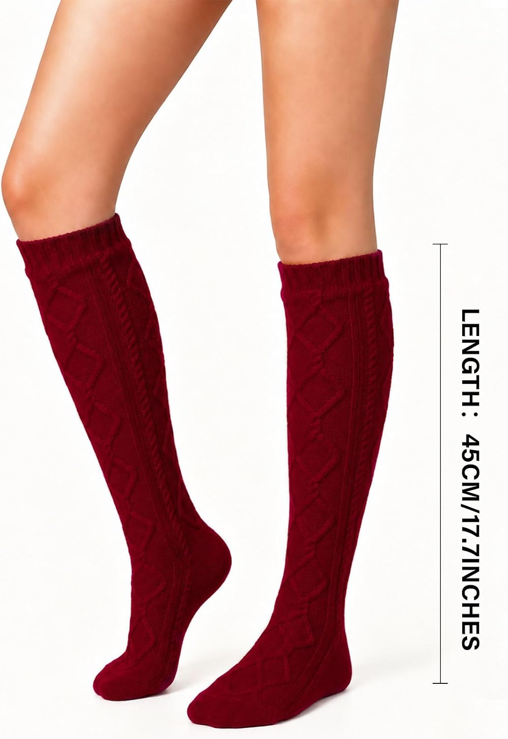 Moon Wood Womens Fleece Lined Knee High Socks Cable Knit Long Boot Socks Leg Warmers - Burgundy