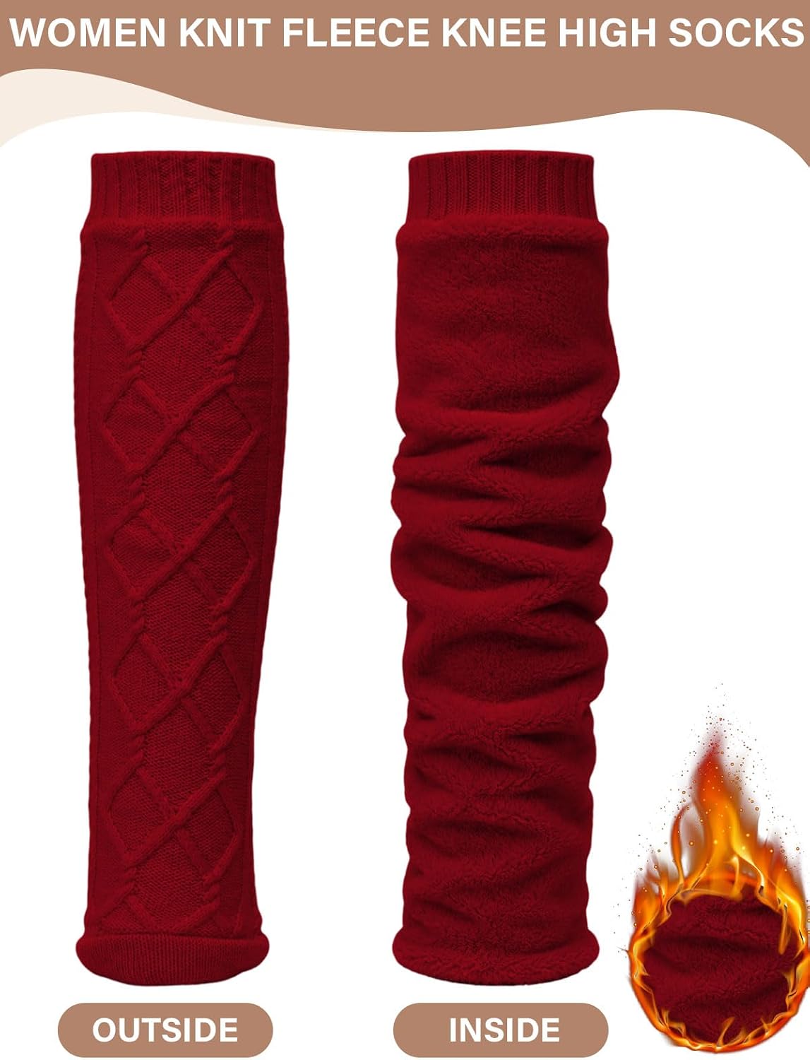 Moon Wood Womens Fleece Lined Knee High Socks Cable Knit Long Boot Socks Leg Warmers - Burgundy
