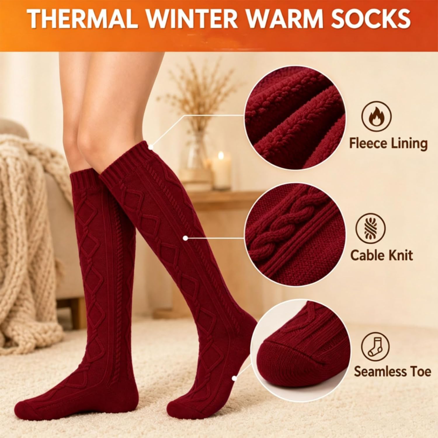 Moon Wood Womens Fleece Lined Knee High Socks Cable Knit Long Boot Socks Leg Warmers - Burgundy