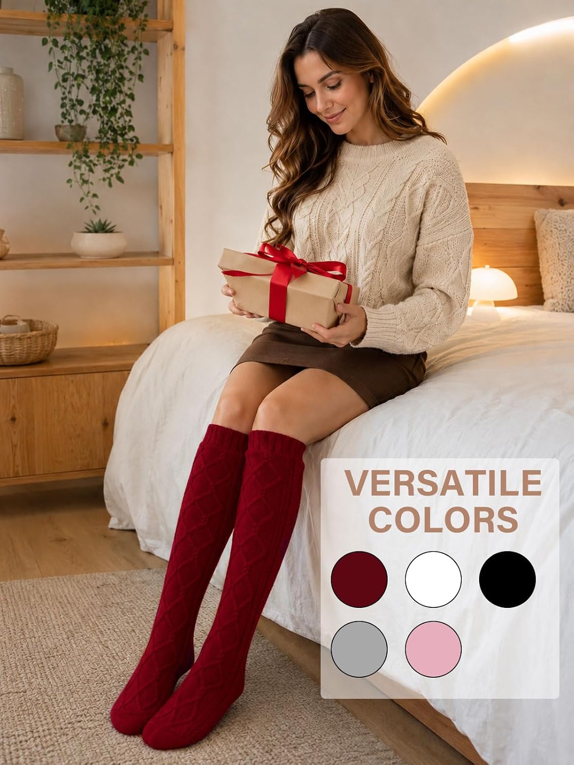 Moon Wood Womens Fleece Lined Knee High Socks Cable Knit Long Boot Socks Leg Warmers - Burgundy