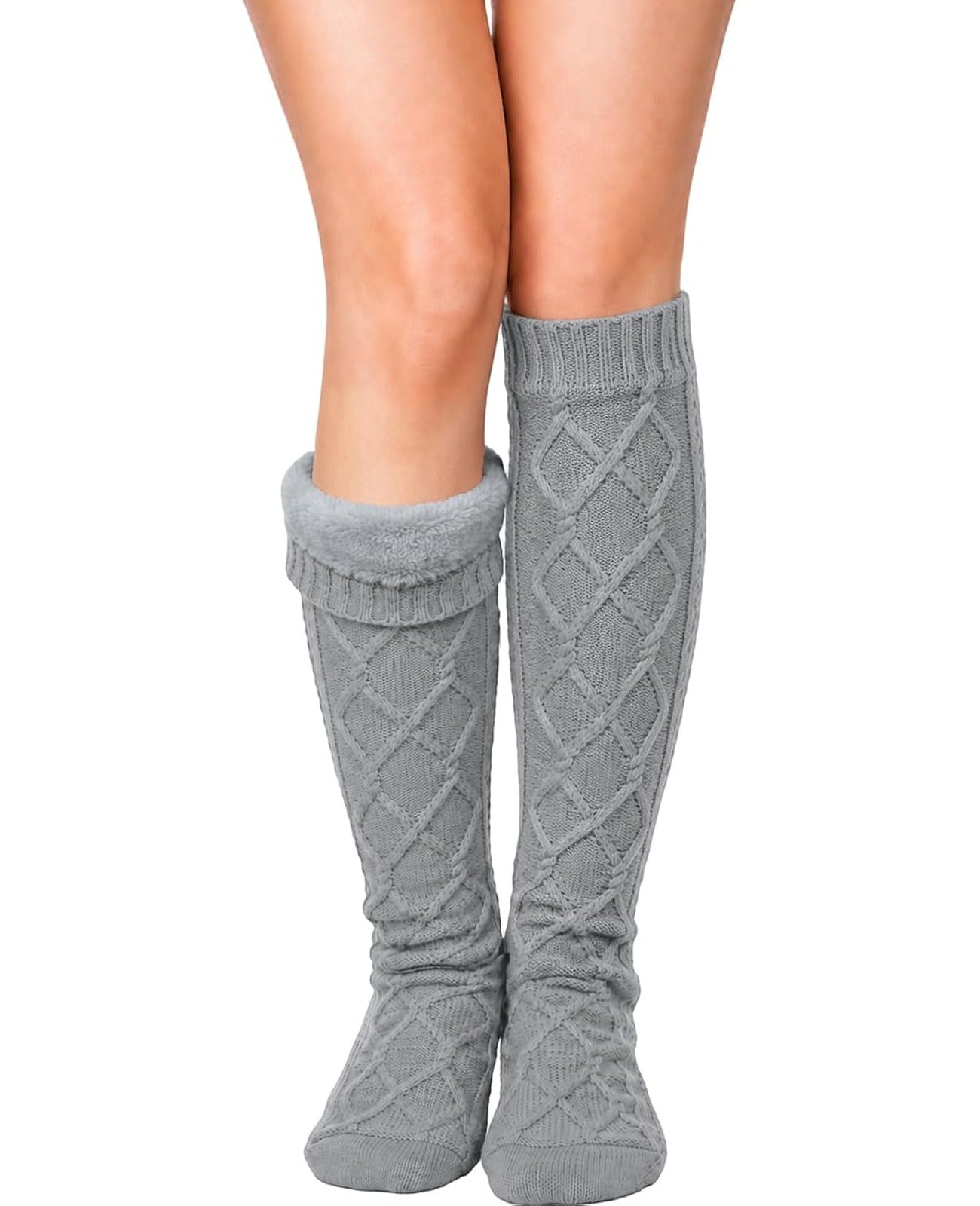 Moon Wood Womens Fleece Lined Knee High Socks Cable Knit Long Boot Socks Leg Warmers - Grey