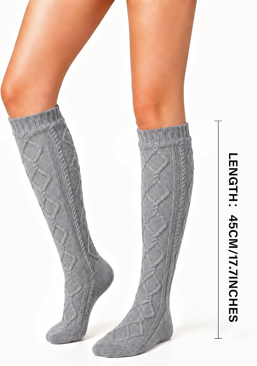 Moon Wood Womens Fleece Lined Knee High Socks Cable Knit Long Boot Socks Leg Warmers - Grey