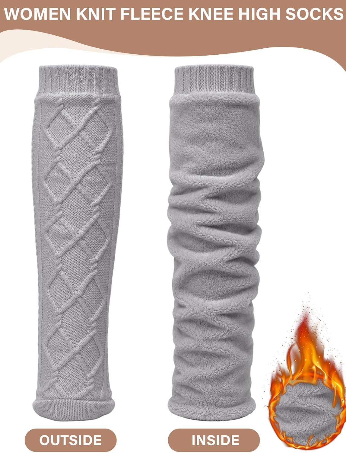 Moon Wood Womens Fleece Lined Knee High Socks Cable Knit Long Boot Socks Leg Warmers - Grey