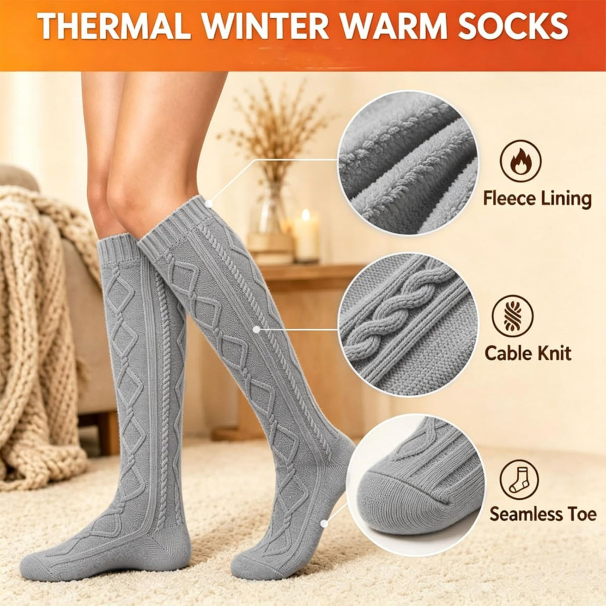 Moon Wood Womens Fleece Lined Knee High Socks Cable Knit Long Boot Socks Leg Warmers - Grey