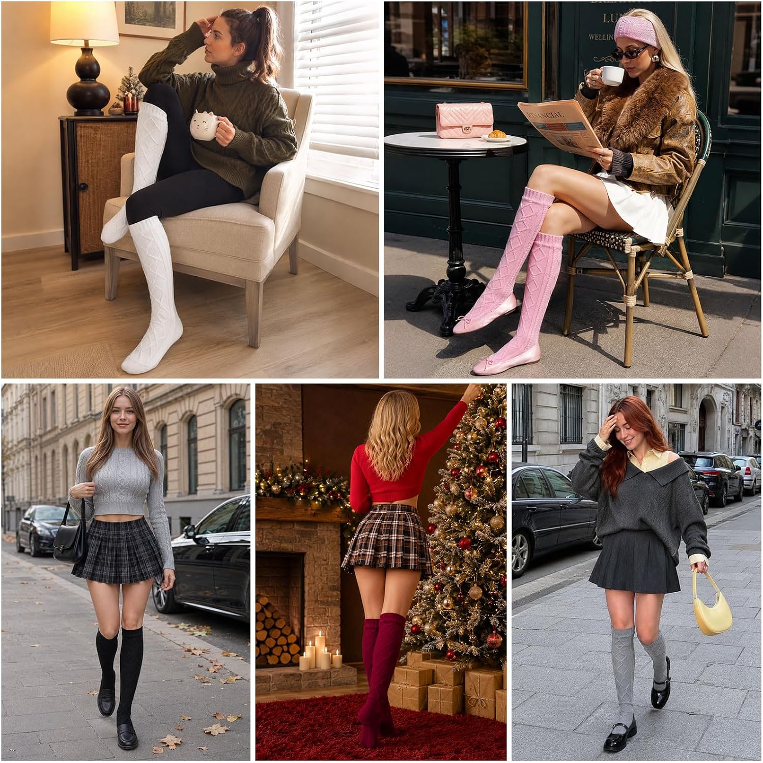 Moon Wood Womens Fleece Lined Knee High Socks Cable Knit Long Boot Socks Leg Warmers - Grey