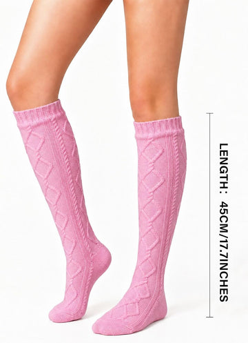 Moon Wood Womens Fleece Lined Knee High Socks Cable Knit Long Boot Socks Leg Warmers - Light Pink