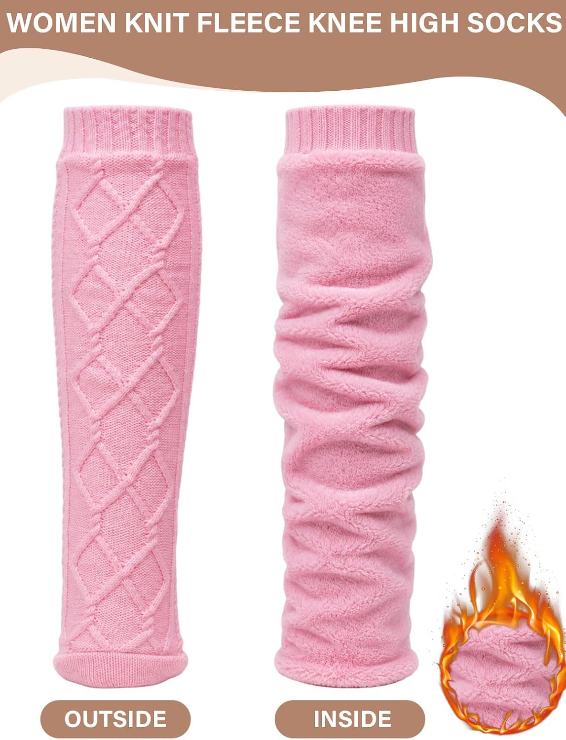 Moon Wood Womens Fleece Lined Knee High Socks Cable Knit Long Boot Socks Leg Warmers - Light Pink