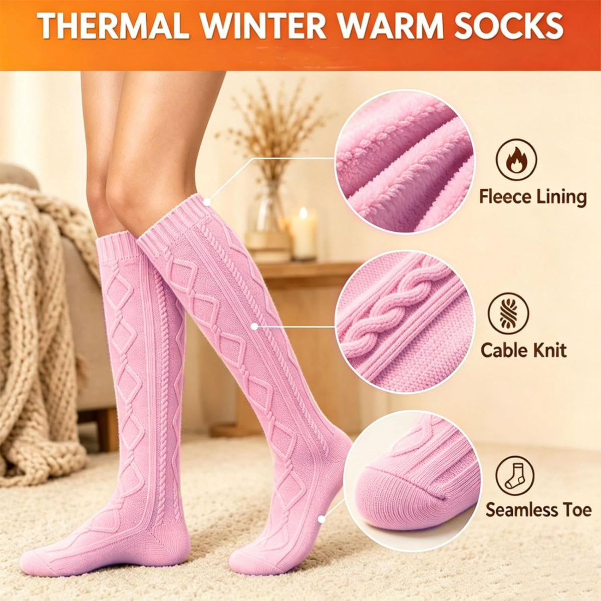 Moon Wood Womens Fleece Lined Knee High Socks Cable Knit Long Boot Socks Leg Warmers - Light Pink
