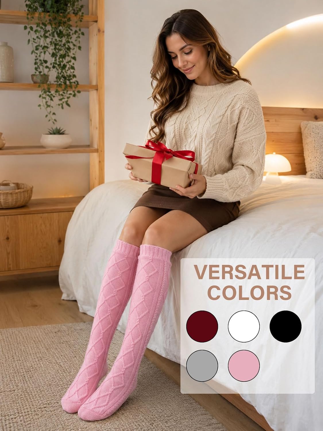 Moon Wood Womens Fleece Lined Knee High Socks Cable Knit Long Boot Socks Leg Warmers - Light Pink