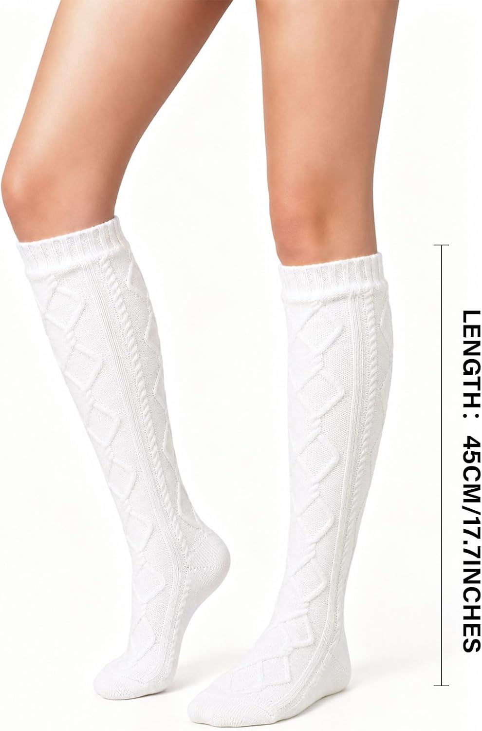 Moon Wood Womens Fleece Lined Knee High Socks Cable Knit Long Boot Socks Leg Warmers - White
