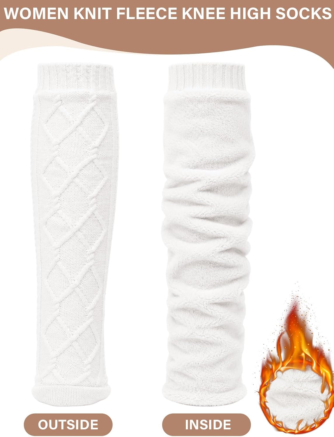 Moon Wood Womens Fleece Lined Knee High Socks Cable Knit Long Boot Socks Leg Warmers - White