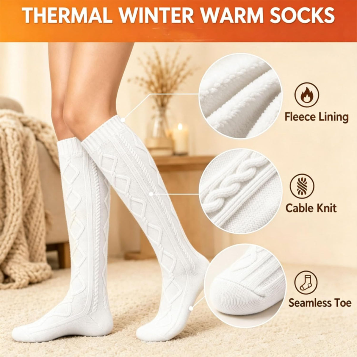 Moon Wood Womens Fleece Lined Knee High Socks Cable Knit Long Boot Socks Leg Warmers - White