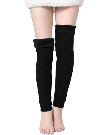 Moon Wood Womens Fleece Lined Leg Warmers Cable Knit Long Footless Thigh High Socks - Black