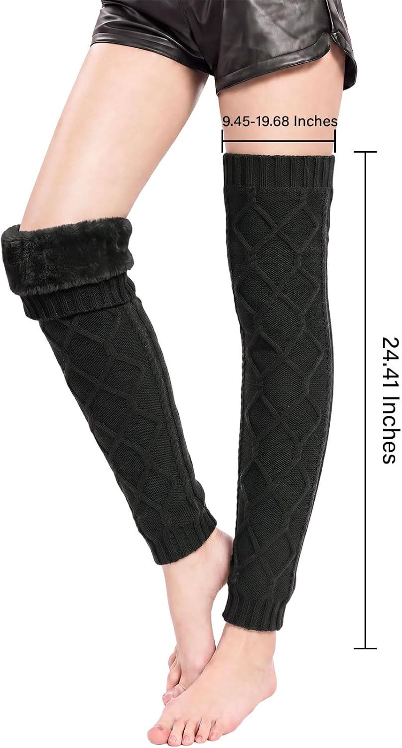 Moon Wood Womens Fleece Lined Leg Warmers Cable Knit Long Footless Thigh High Socks - Black