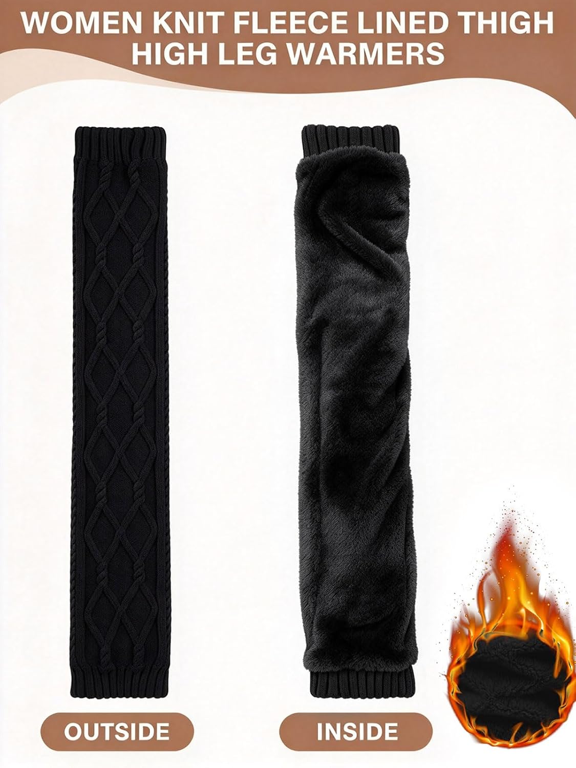 Moon Wood Womens Fleece Lined Leg Warmers Cable Knit Long Footless Thigh High Socks - Black