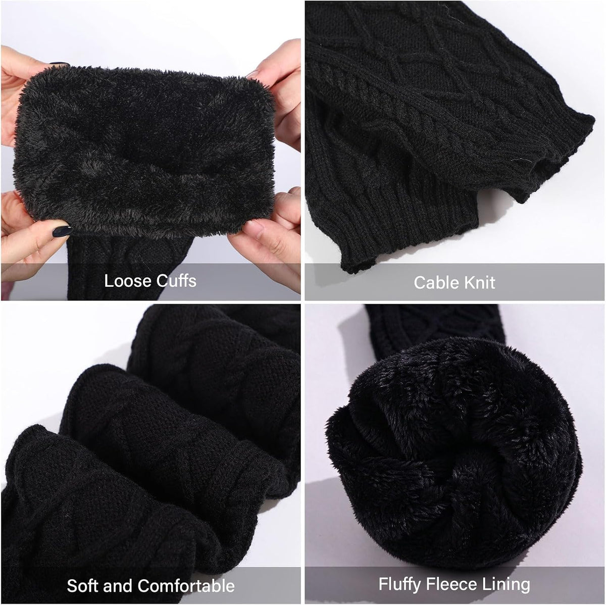 Moon Wood Womens Fleece Lined Leg Warmers Cable Knit Long Footless Thigh High Socks - Black